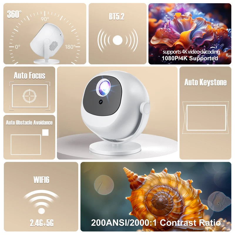 Projetor Portátil 4K — Android, WiFi6, BT5.0, Auto Keystone, Rotação 360°