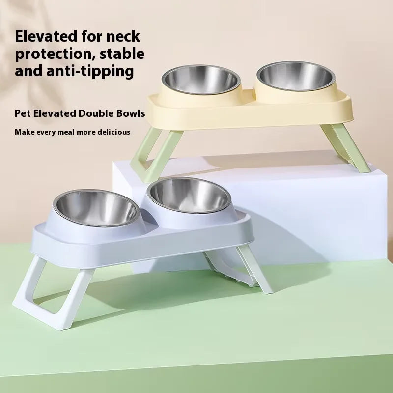 Foldable Stainless Steel Elevated Pet Bowl - Dual Dish Non-Slip Anti-Tip Raised Feeder with Neck Support for Cats Dogs