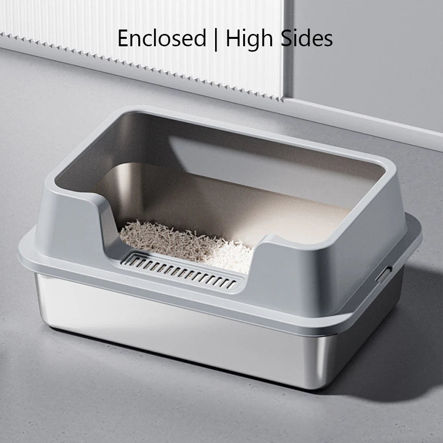Stainless Steel Cat Litter Tray with Lid, Extra Large High Sided Enclosure Litter Boxes for Big Cats, Easy to Clean & No Odor