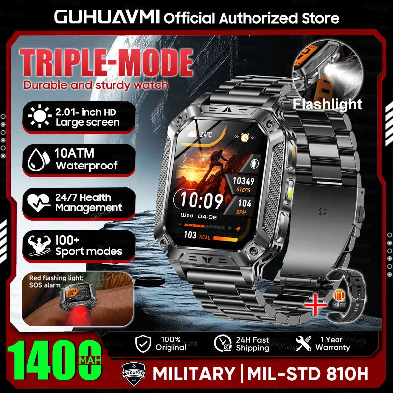 New Rugged Military Smart Watch Men 1400mAh Battery 2.01inch AMOLED Bluetooth Call 10ATM Waterproof LED Flashlight Smart Watch