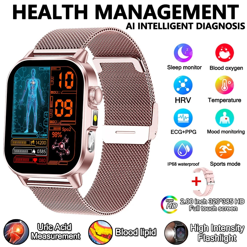 2026 New Model Uric Acid & Lipid Health Analysis Smartwatch Men's ECG+PPG Bluetooth Call 2.01 inch Flashlight Smartwatch Women's