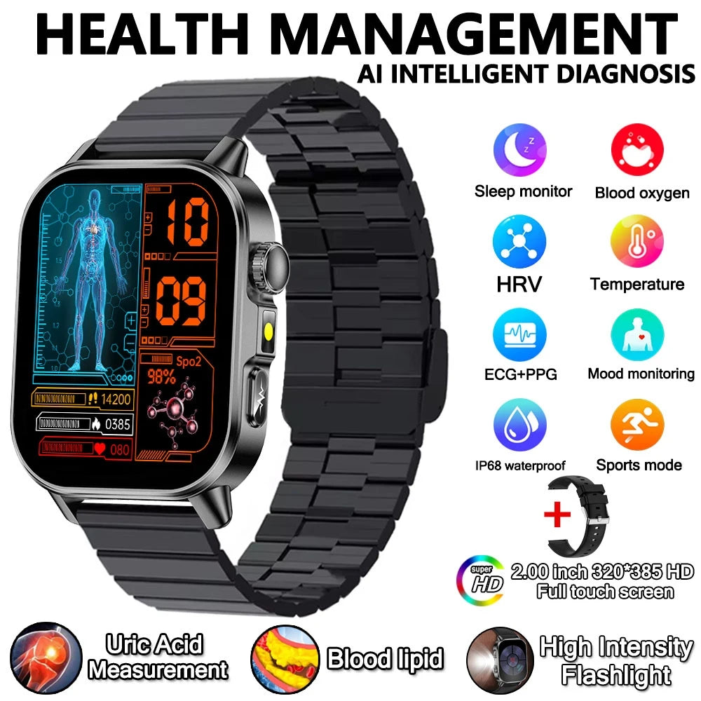 2026 New Model Uric Acid & Lipid Health Analysis Smartwatch Men's ECG+PPG Bluetooth Call 2.01 inch Flashlight Smartwatch Women's