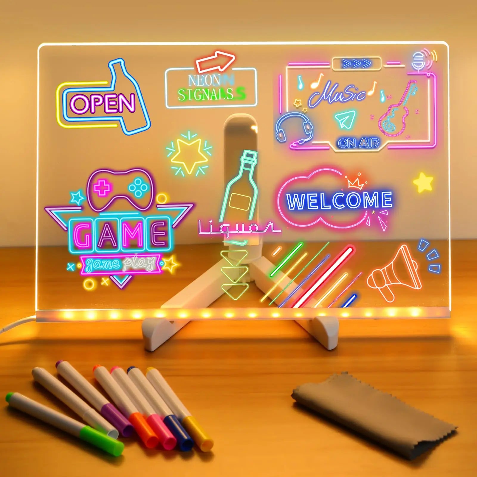 LED Note Board With Night Light Colorful 7 Pens DIY Acrylic Message Board Children's Drawing Board For Kids Birthday Gift