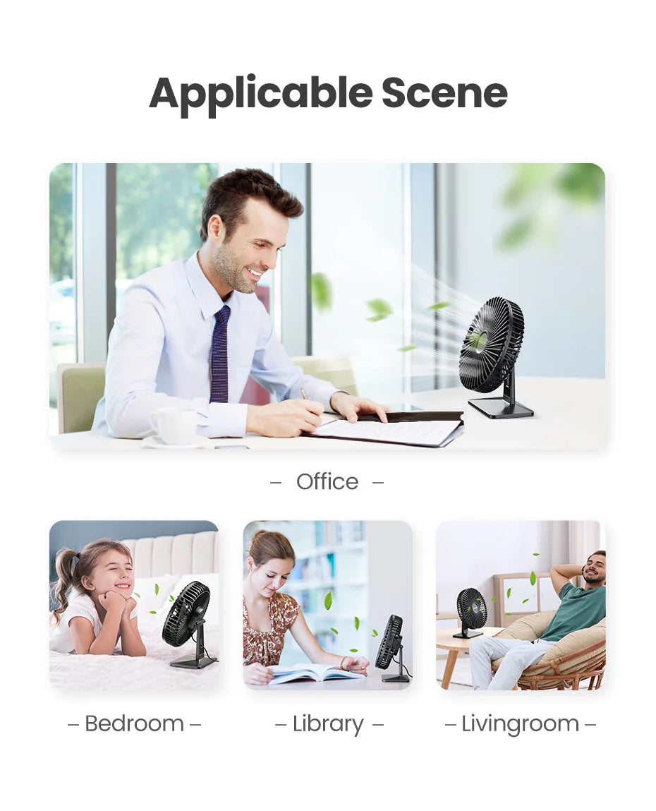 Ventoinha GAIATOP de Mesa — USB, 3 Velocidades, Silenciosa, Ajuste 90°