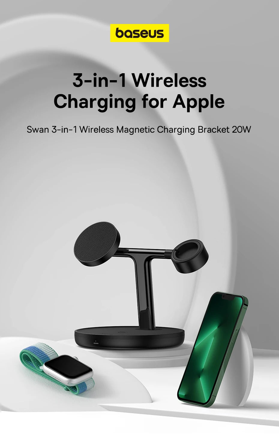 Baseus 3 in 1 20W Magnetic Wireless Charger Stand For Phone iPhone 15 14 Pro Airpods Apple Watch Fast Charging Station Holder