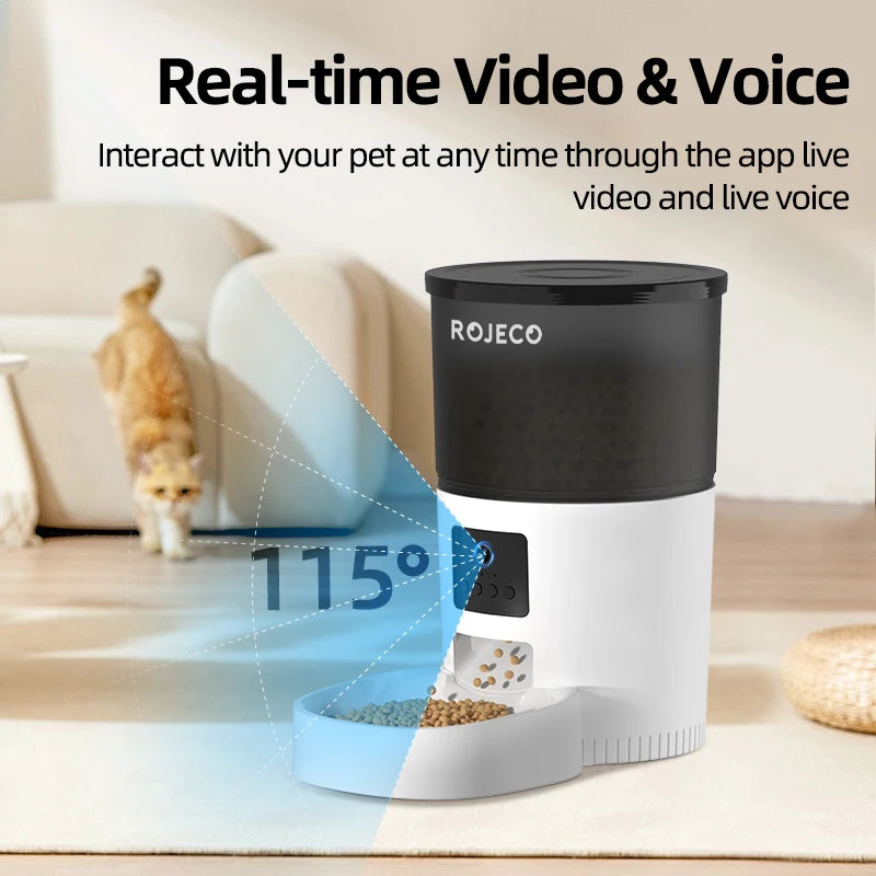 ROJECO Automatic Cat Feeder with Camera, Video Cat Food Dispenser, Pet Smart Voice Recorder, Remote Control, Auto Feeder for Cats and Dogs