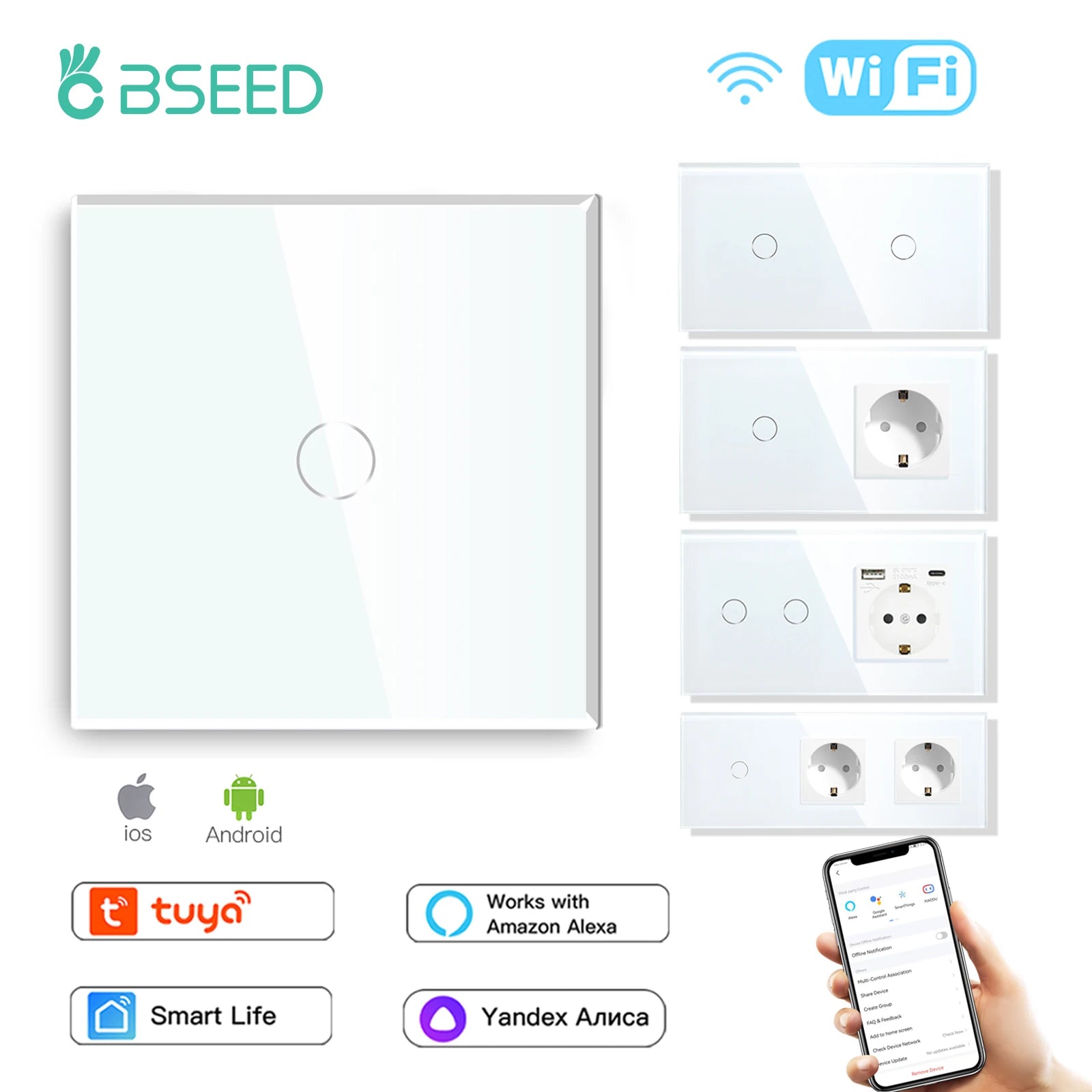 BSEED WiFi Touch Switch — Tomada EU com USB‑C Tuya Smart Life