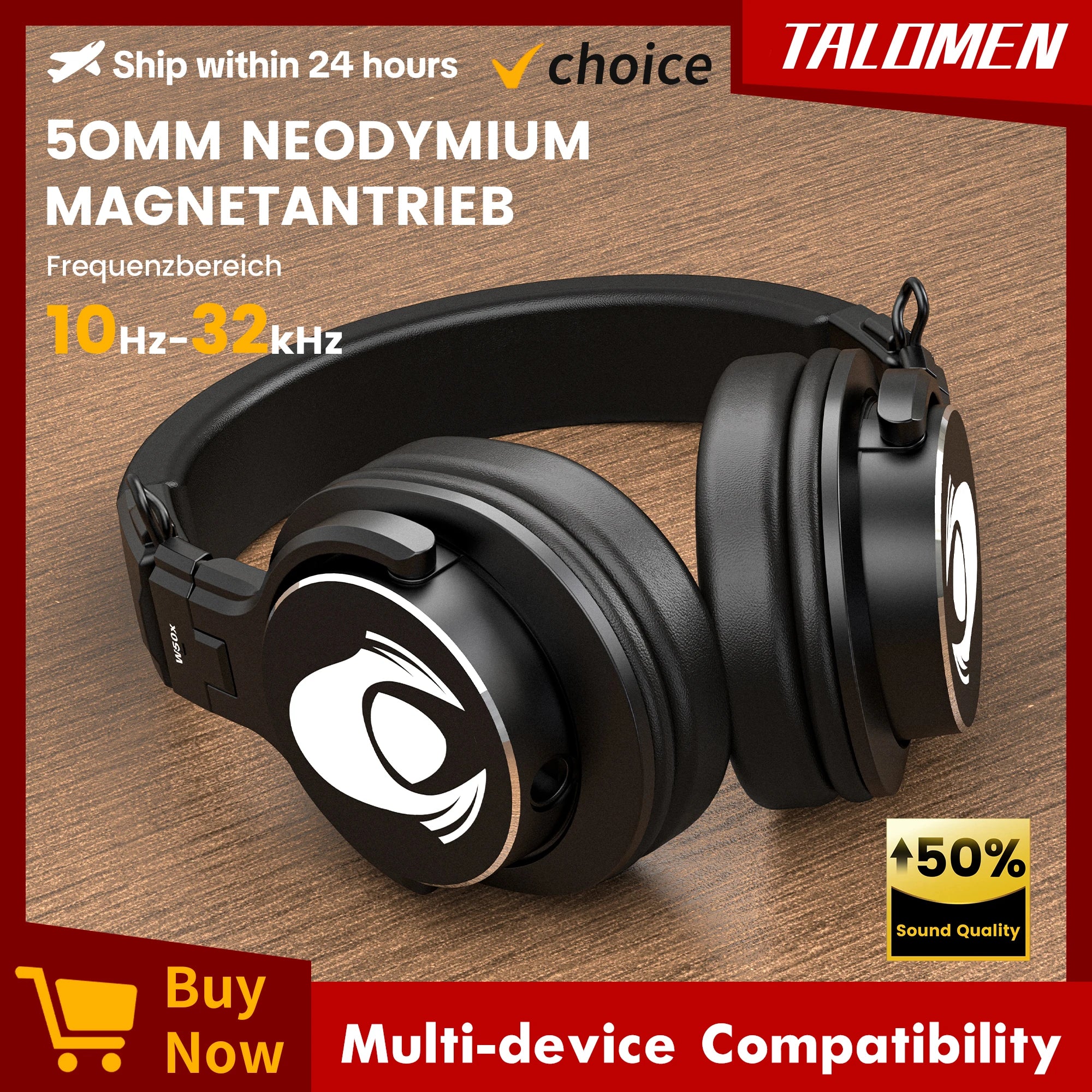 Talomen W50x Corded Studio Headphones, Stereo Professional DJ Headphones, Over-Ear Monitor Headphones with Detachable Cable