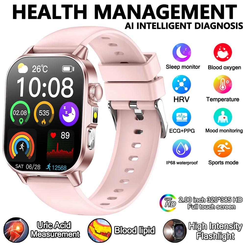 2026 New Model Uric Acid & Lipid Health Analysis Smartwatch Men's ECG+PPG Bluetooth Call 2.01 inch Flashlight Smartwatch Women's
