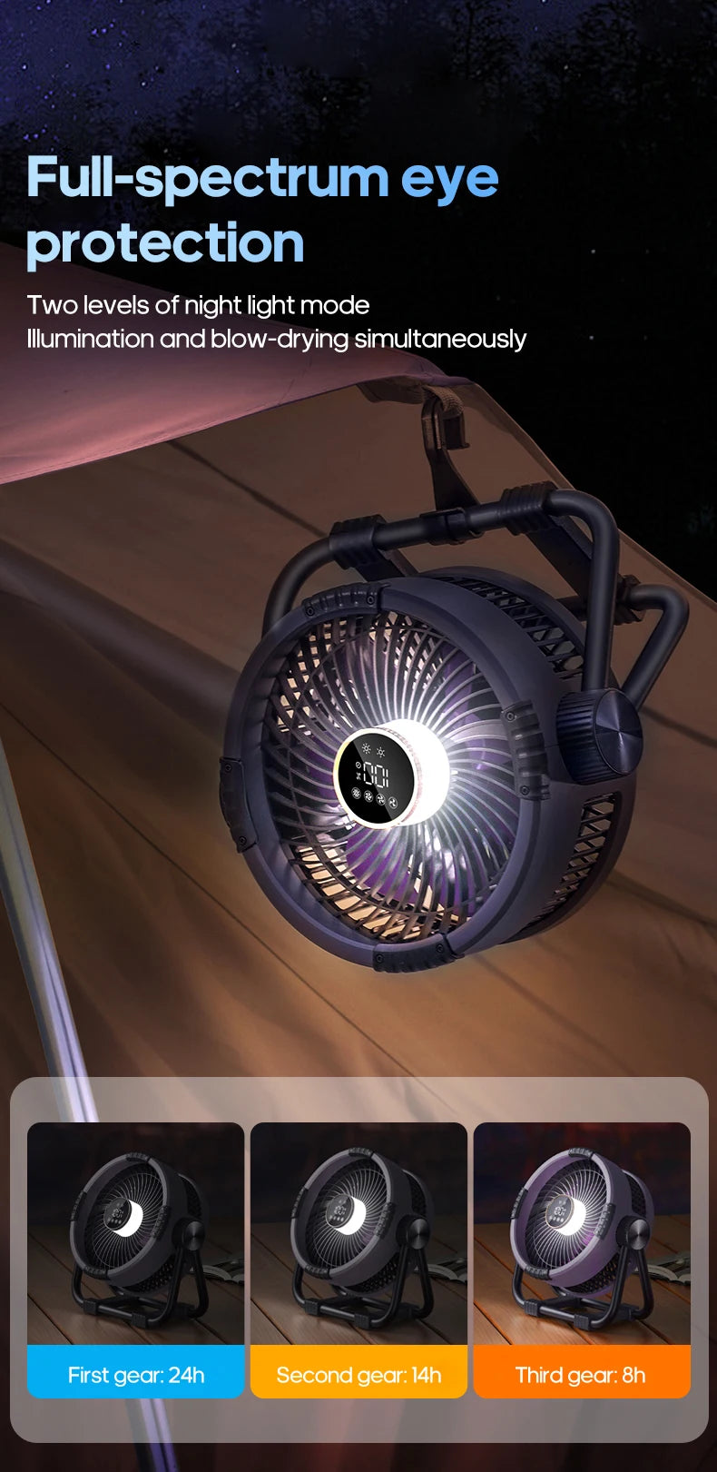 Portable 6 in 1 Outdoor Camping Fan 20000mAh Rechargeable Wireless Tent Ceiling Fan 4 Speed ​​Adjustment LED Lighting Power Bank