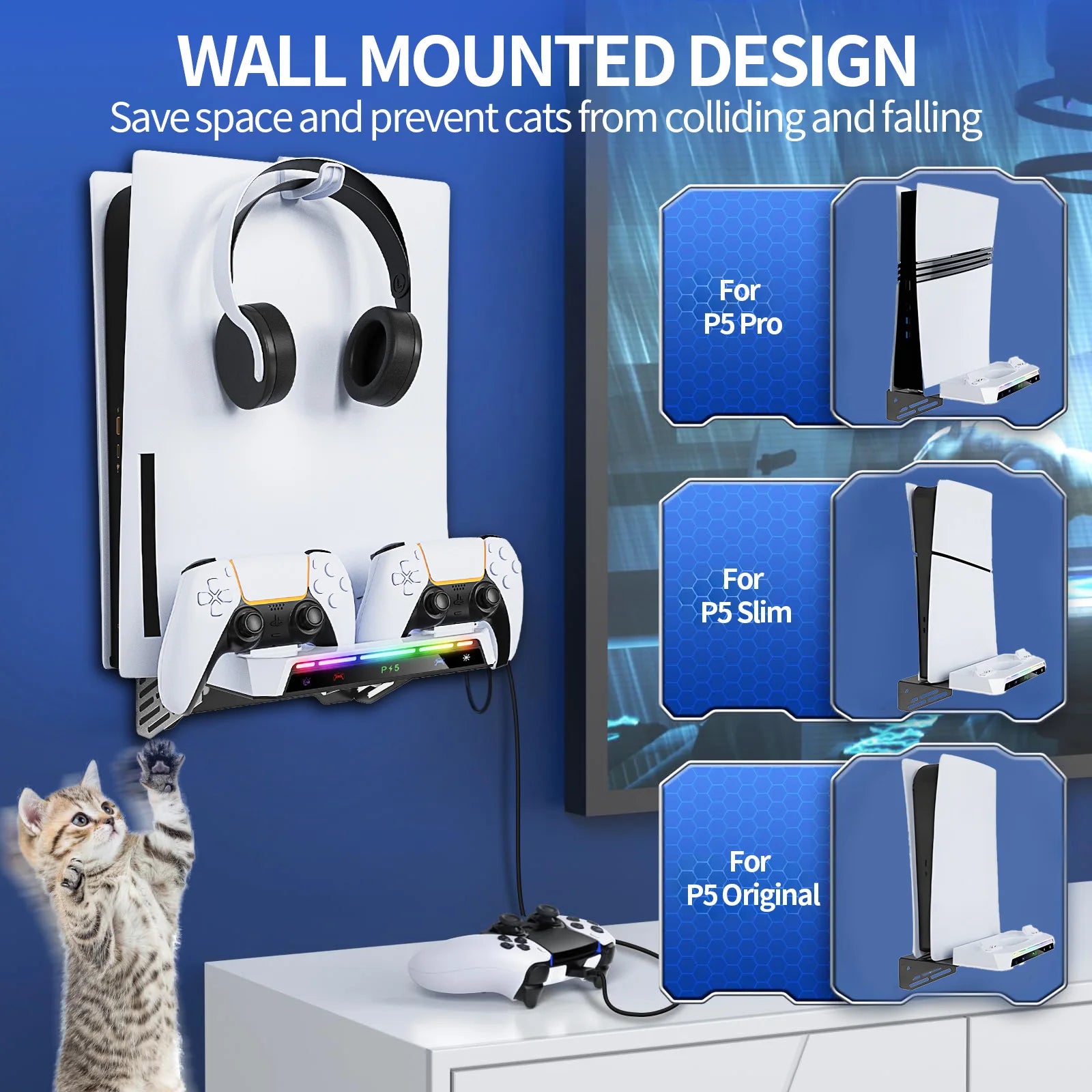 Wall Mount Kit For PS5/ Pro/ Slim Console with RGB Light Charging Station Headset Hanger For PS5 Accessories Dual Controller