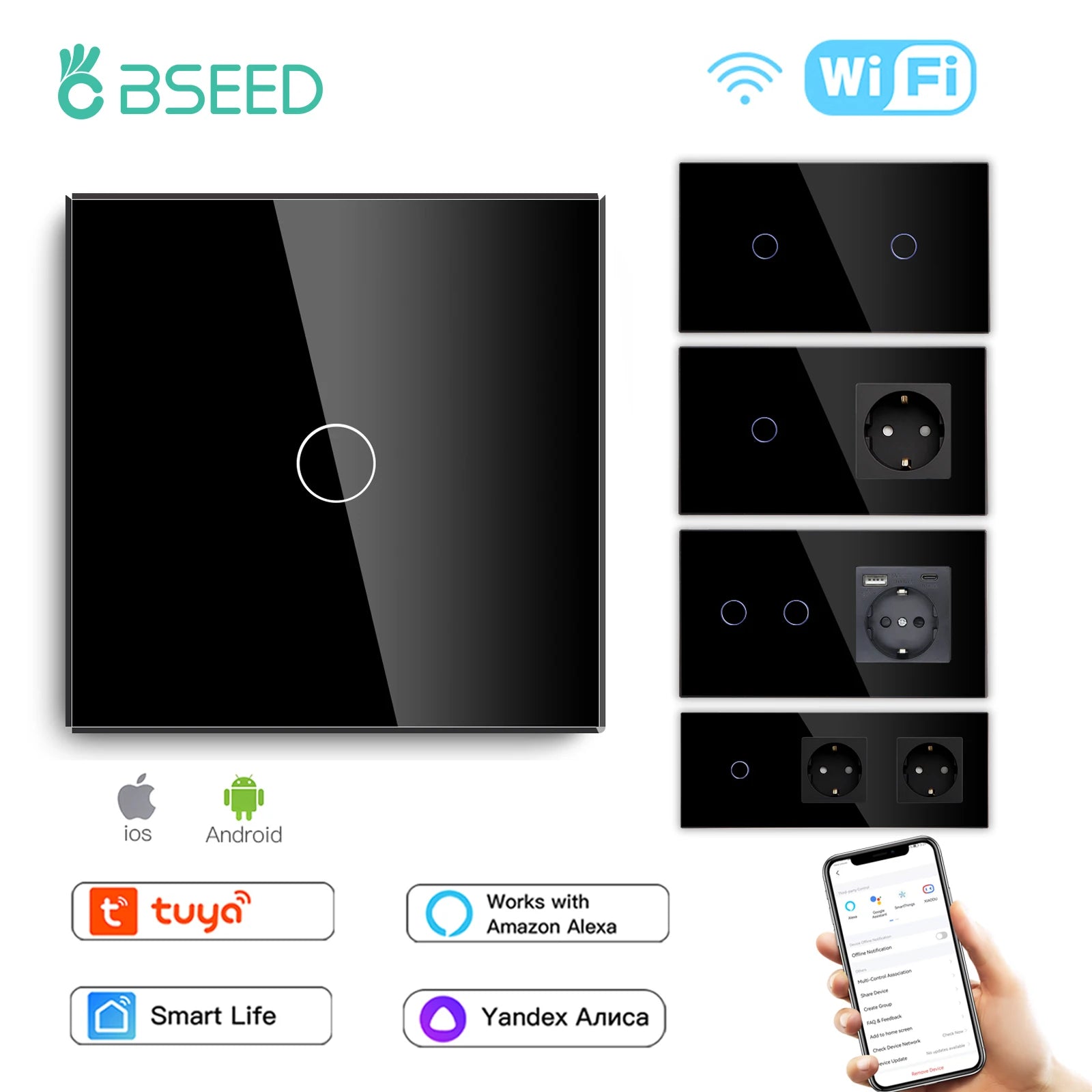 BSEED WiFi Touch Switch — 1/2/3 Gang Smart Tuya com USB‑C