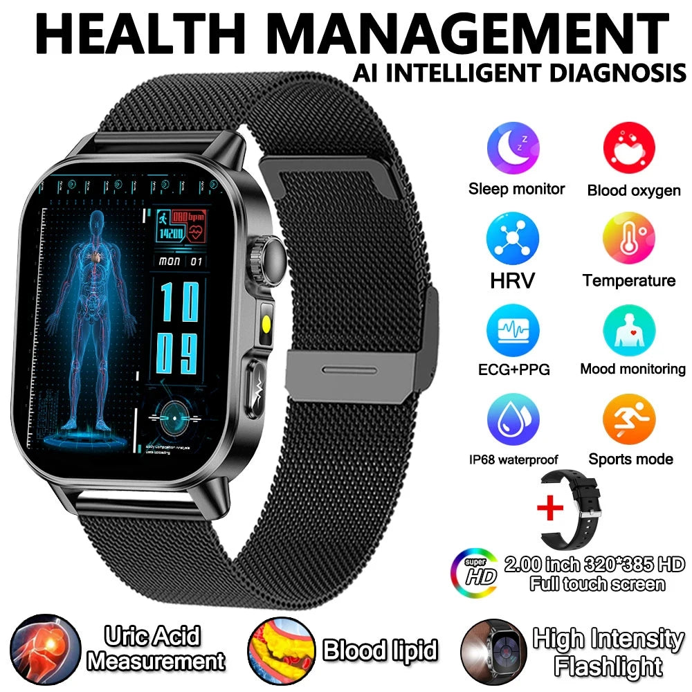 2026 New Model Uric Acid & Lipid Health Analysis Smartwatch Men's ECG+PPG Bluetooth Call 2.01 inch Flashlight Smartwatch Women's