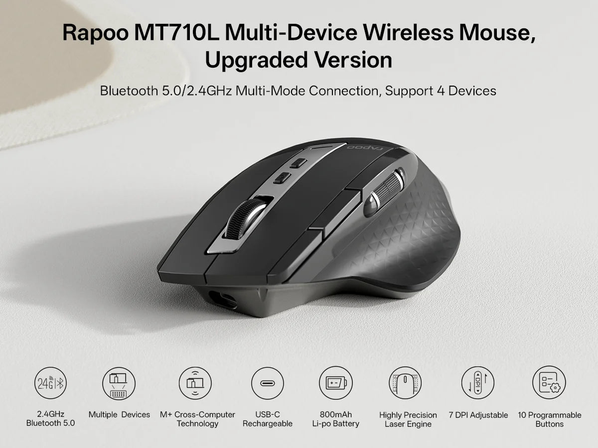 Rapoo 2026 New MT710L Wireless Multimode Rechargeable Ergonomic Mouse 4000 DPI Bluetooth Mouse Easy-Switch Up to 4 Devices