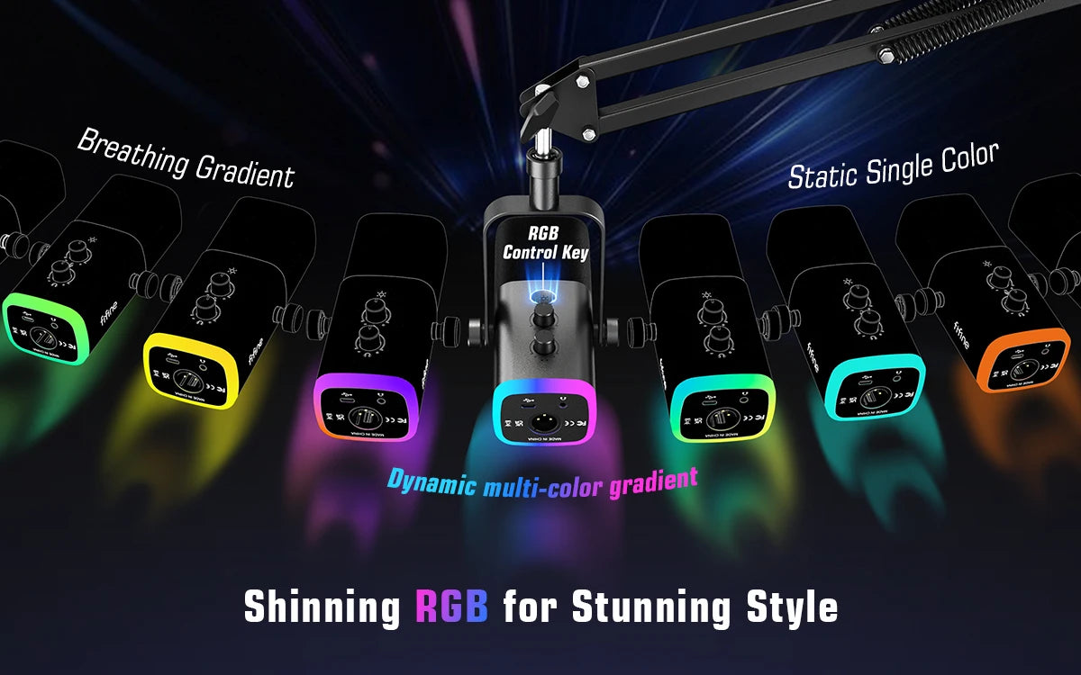 FIFINE AM8T — Microfone Dinâmico USB/XLR com Mute, RGB e Braço Articulado