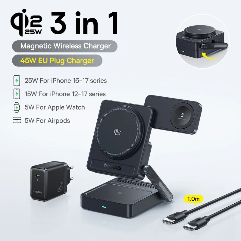 Baseus 3-in-1 Magnetic Wireless Charger Qi2.2 25W Fast Charging for iPhone 17 16 15 14 Apple Watch Earbuds AirPods Pro iWatch