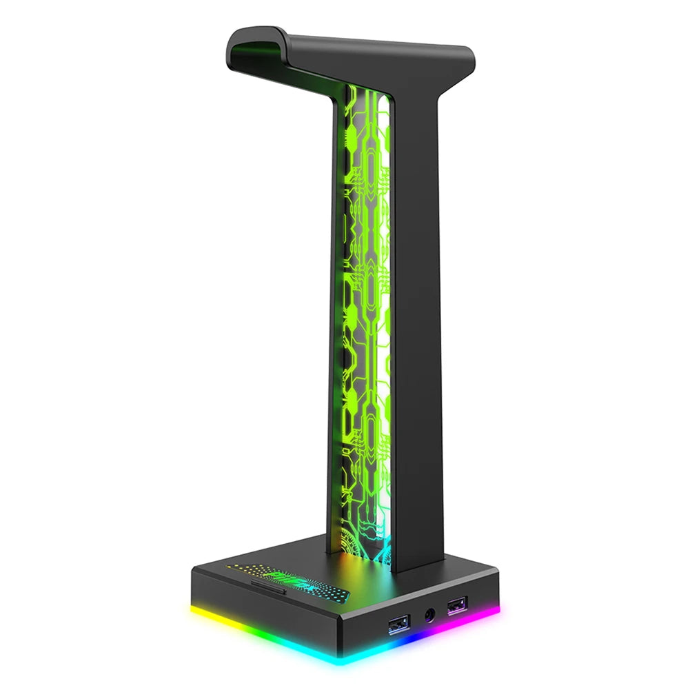 RGB Lights Headphone Stand with 10 Lighting Modes, Dual USB Port, Touch Control Strip Light for all Gaming Headsets, PC Stand