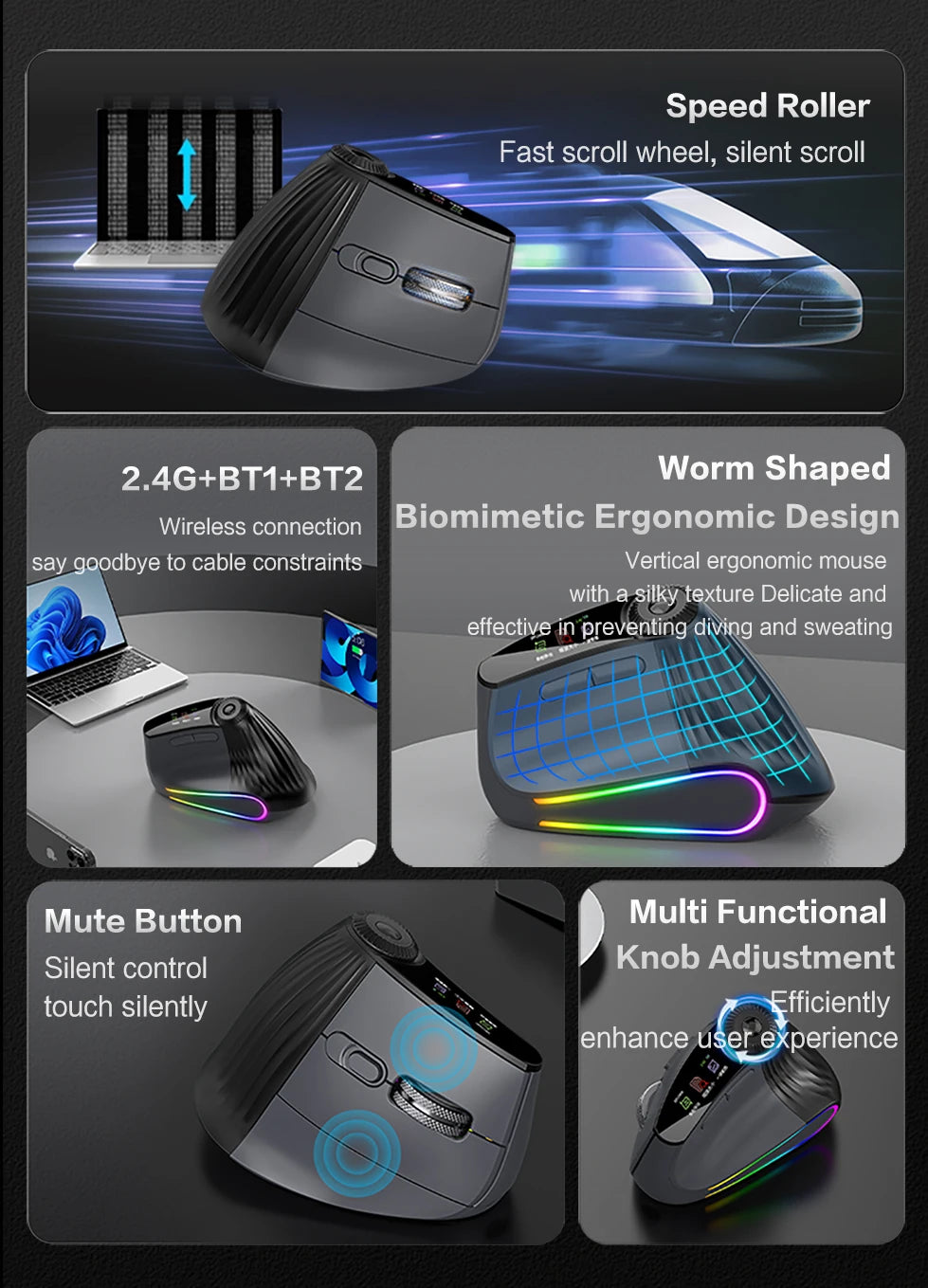 JOMAA Backlit Bluetooth Wireless Vertical Mouse With OLED Screen Rechargeable USB Wired Gaming Mouse 24000DPI Speed ​​Roller