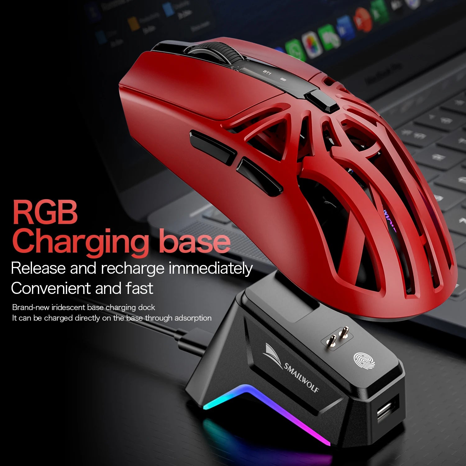 SMAILWOLF M8 Wireless Bluetooth Mouse, Three Modes, Lightweight, E-sports Gaming, RGB, Magnetic Charging, 12000dpi Gaming Mouse