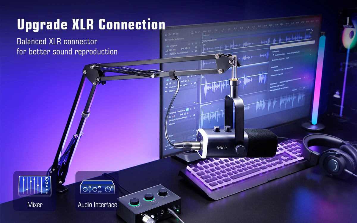 Microfone Gaming FIFINE XLR/USB com RGB, Braço Articulado e Mute