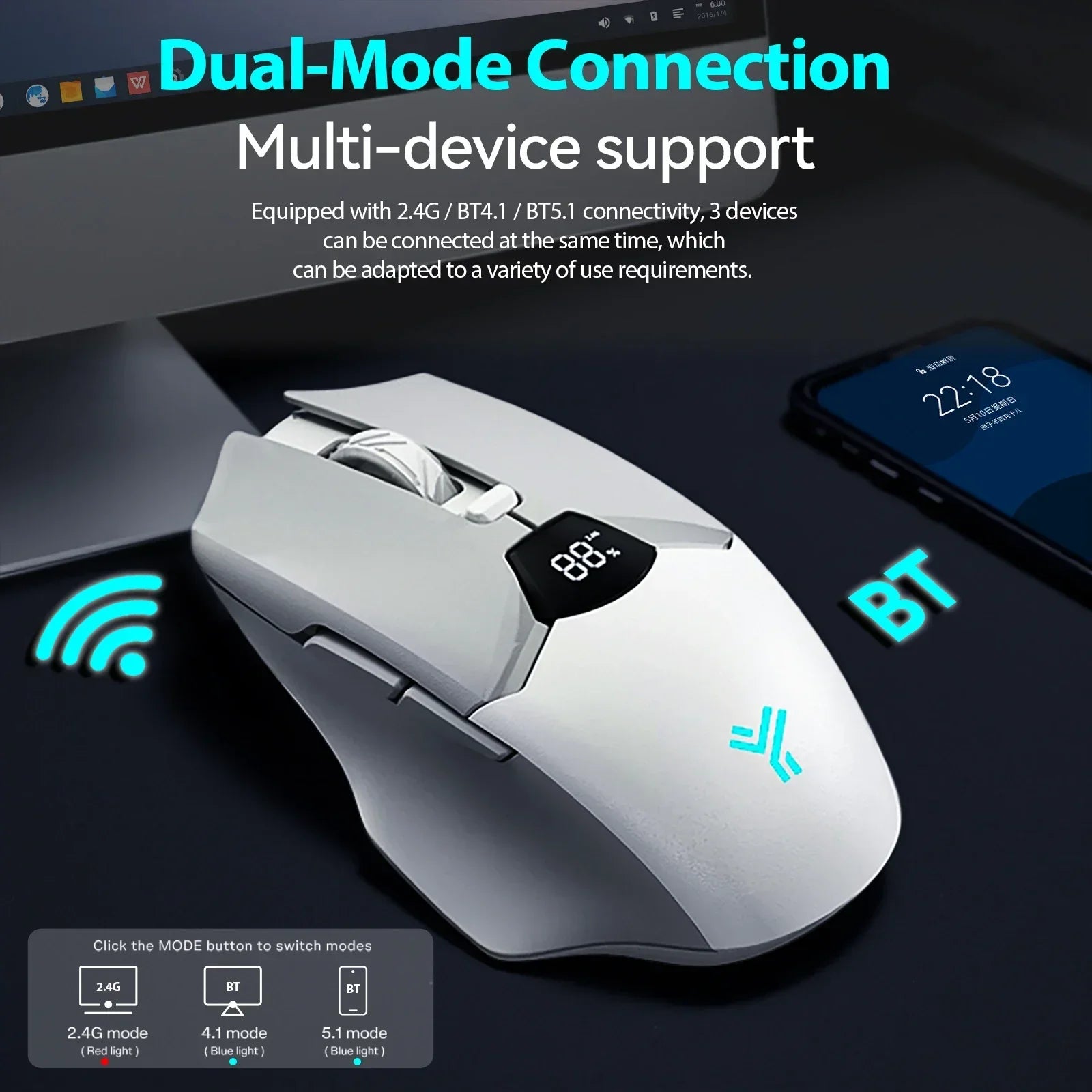 Wireless Bluetooth mouse with digital battery display, silent ergonomic mouse for PC Laptop Gaming, 2.4G / Bluetooth 5.0