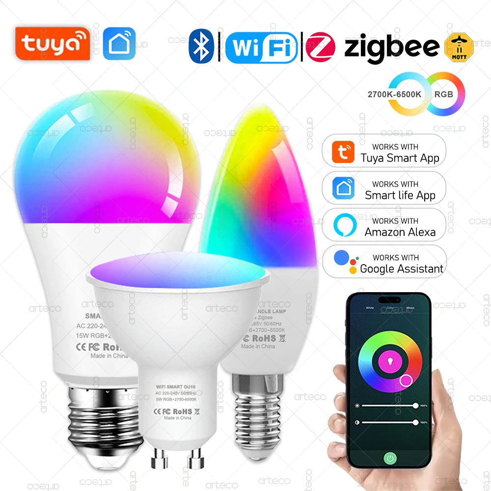 Tuya Smart Bulb Zigbee/WiFi/Bluetooth — E27/E14/GU10 RGBCW Regulável Alexa