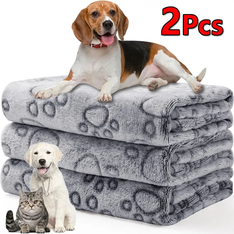 2PCS Soft Fluffy High Quality Dog Blanket Cute Cartoon Pattern Paw Print Large Dog Pet Mat Warm Comfortable Blanket for Dog Cat