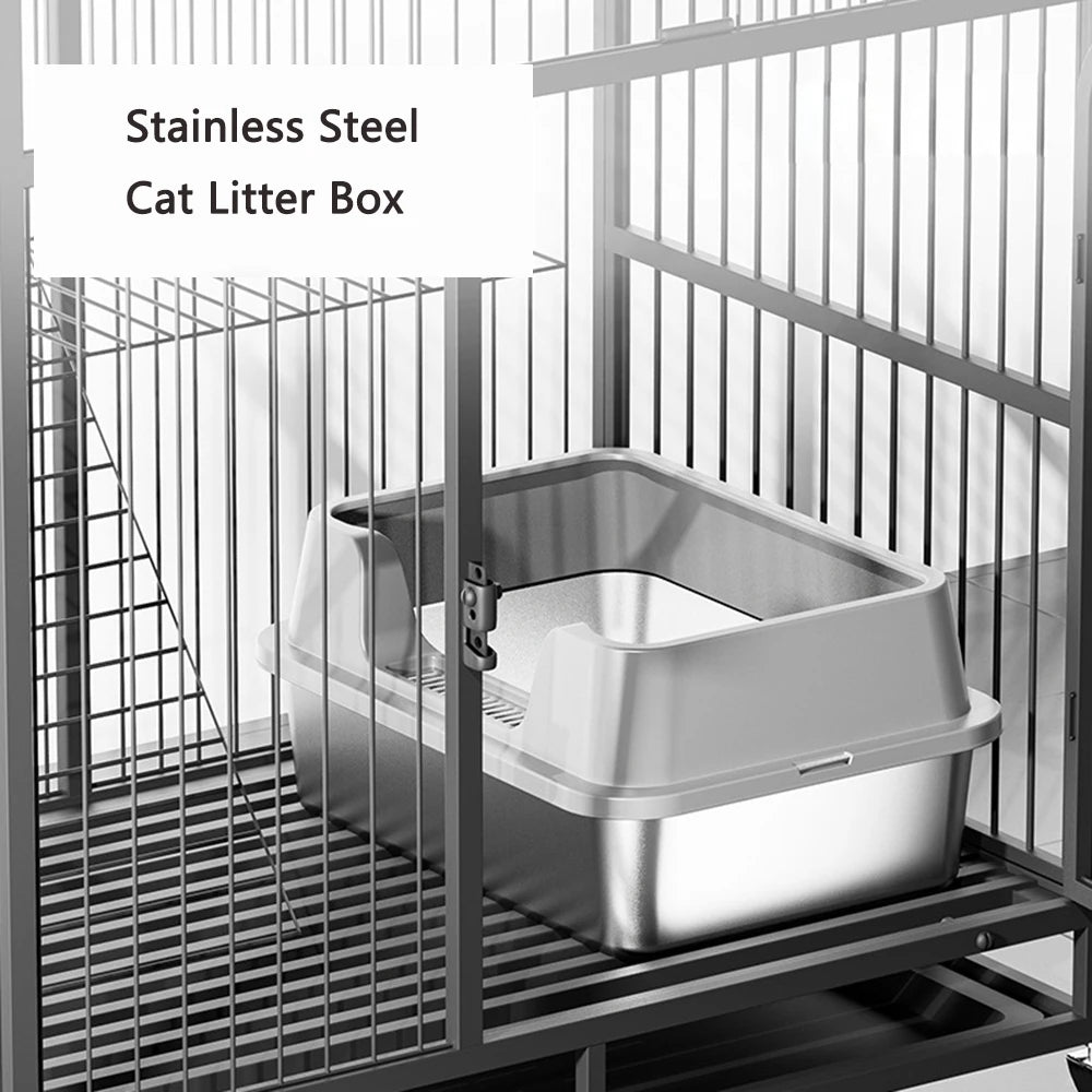 Stainless Steel Cat Litter Box with Lid and Scoop for Big Cat XL Metal Litter Pan Tray with High Wall Sides Enclosure Non-Sticky