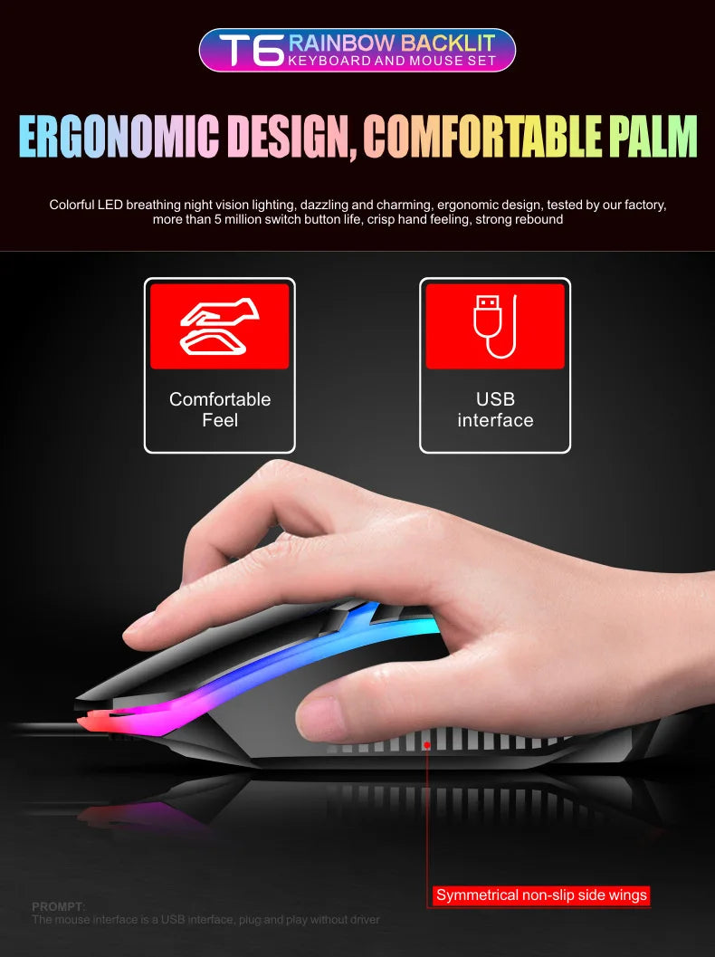 Rainbow Backlit Wired Keyboard and Mouse,Floating Keycap Strong, Wear-resistant, Comfortable Feel Keyboard for Business Office