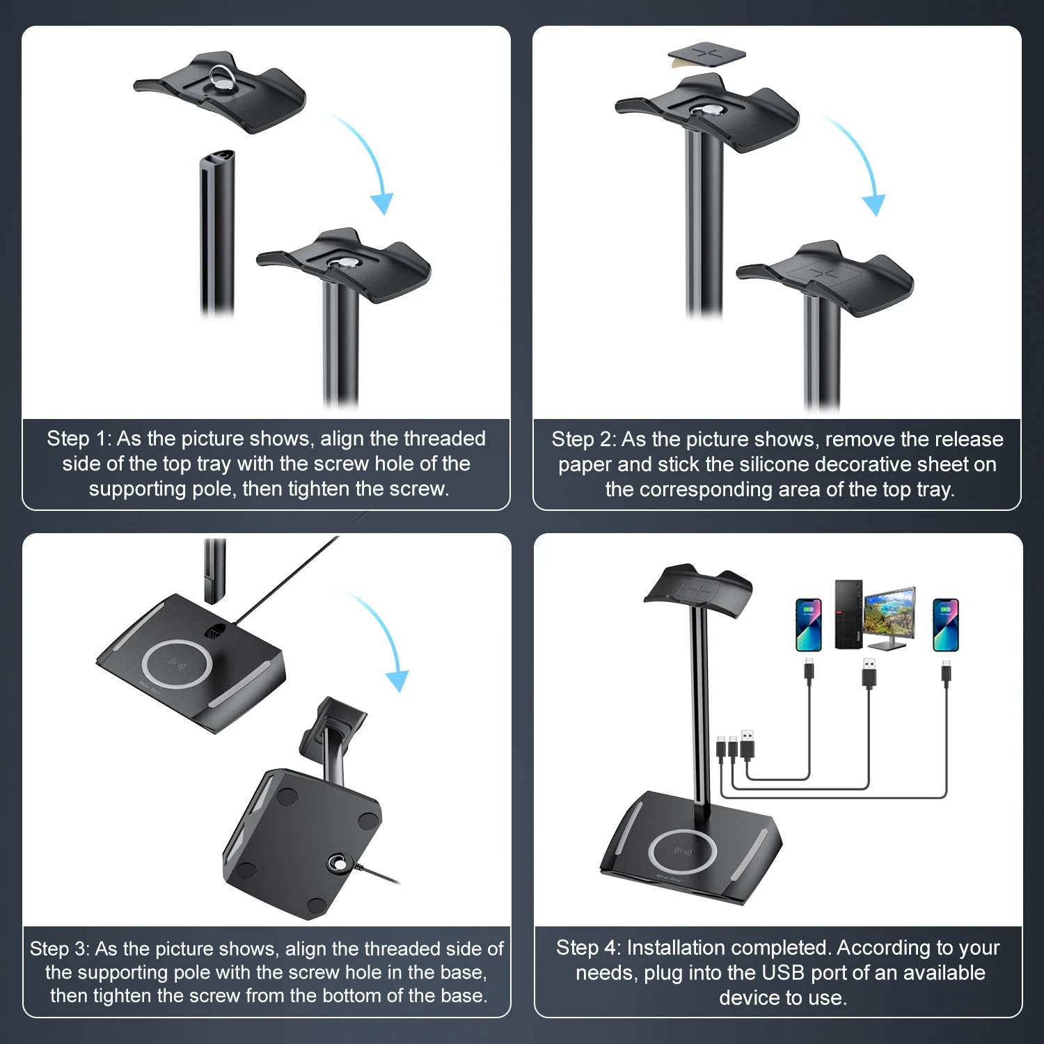 New Bee Z12 RGB Headset Stand Holder with Wireless Charger, Desk Base, Gaming Headphones Holder, Non-Slip Rubber Base