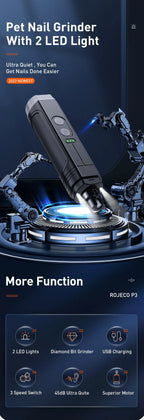 ROJECO P3 Electric Pet Nail Grinder Professional Dog Nail Clippers + 2 LED Light Rechargeable Cat Claw Nail Grooming Accessories