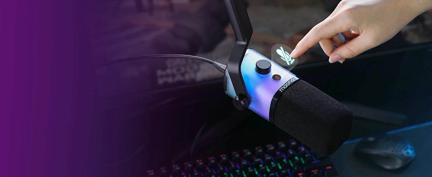 MAONO PD100X — Microfone Dinâmico USB/XLR com Noise Reduction, Mute e RGB