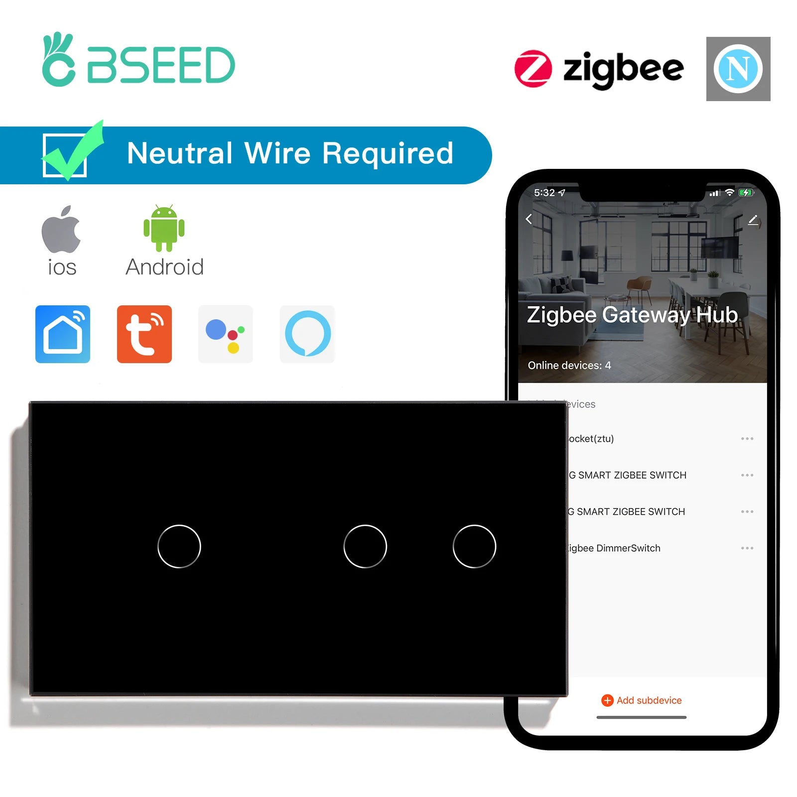 BSEED Zigbee Touch Switch — 1/2/3 Gang + Tomadas EU com Neutro