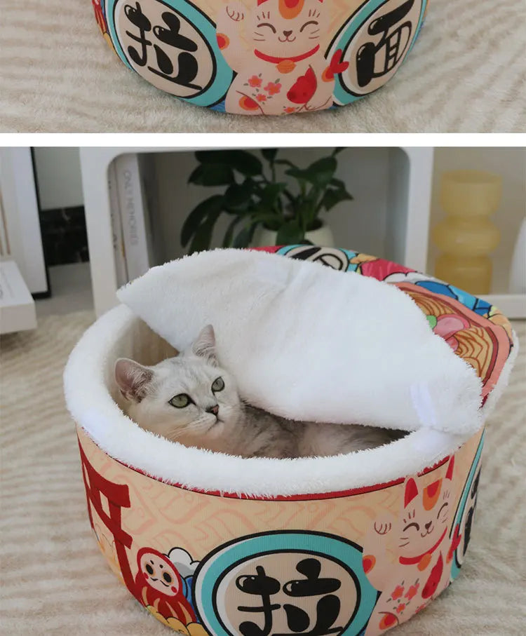 Pet Instant Noodle Cat's Nest Semi Closed Warm Plush Small Dog's Nest All Season General Lamian Noodles Cute Cat Bed