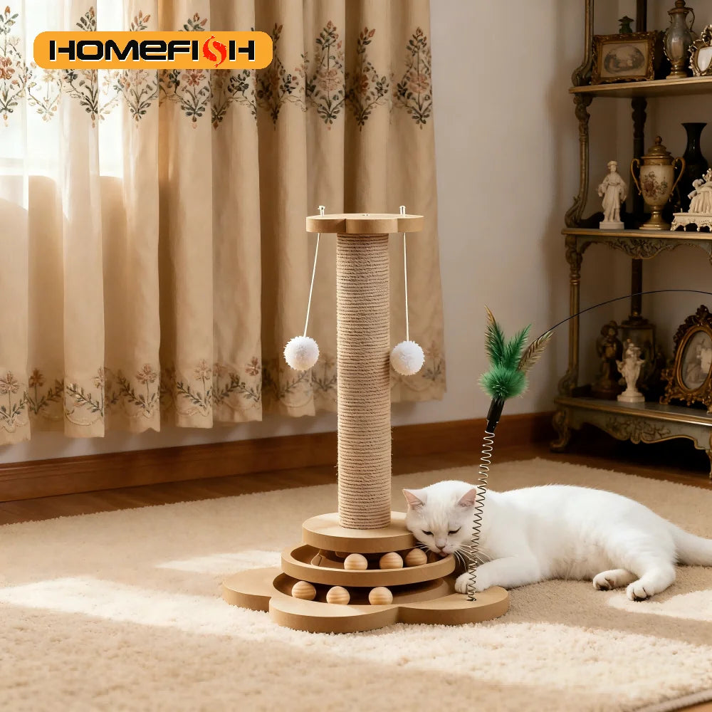 Pet Cat Toy Solid Wood Cat Turntable Funny Cat Stick Balls Durable Sisal Scratching Board Cat Supplies Cat Grab Column