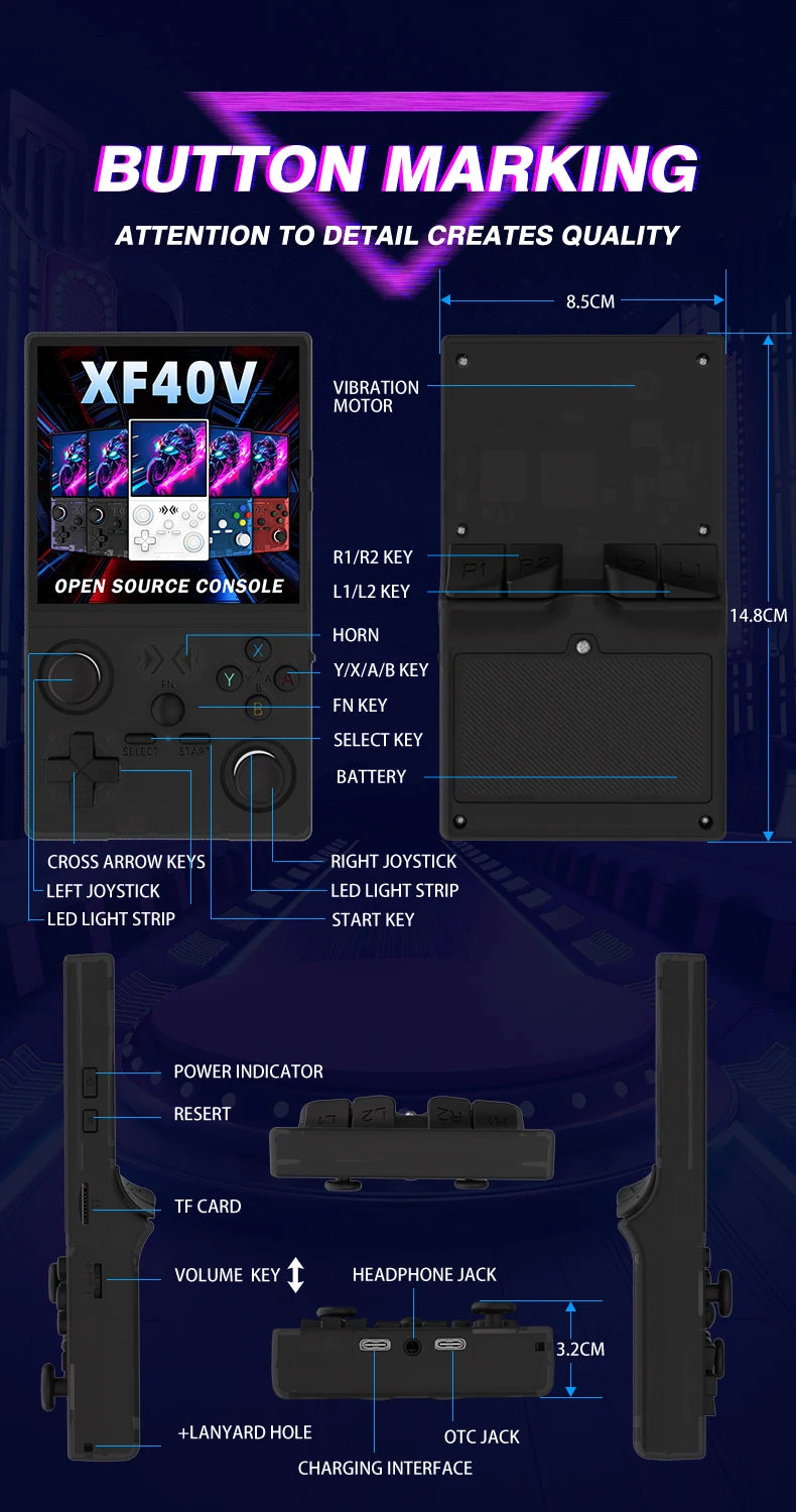 Open Source XF40V Retro Handheld Game Console 4.0 Inch 720x720 IPS Screen Portable Hand Held Retro Video Gaming Player