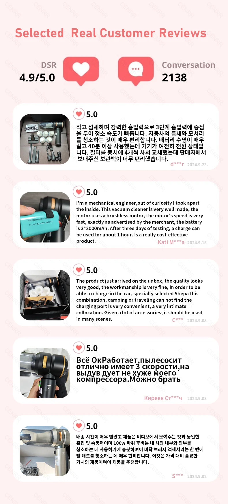 Aspirador Portátil CENRR 998000PA Sem Fios para Limpeza de Carro