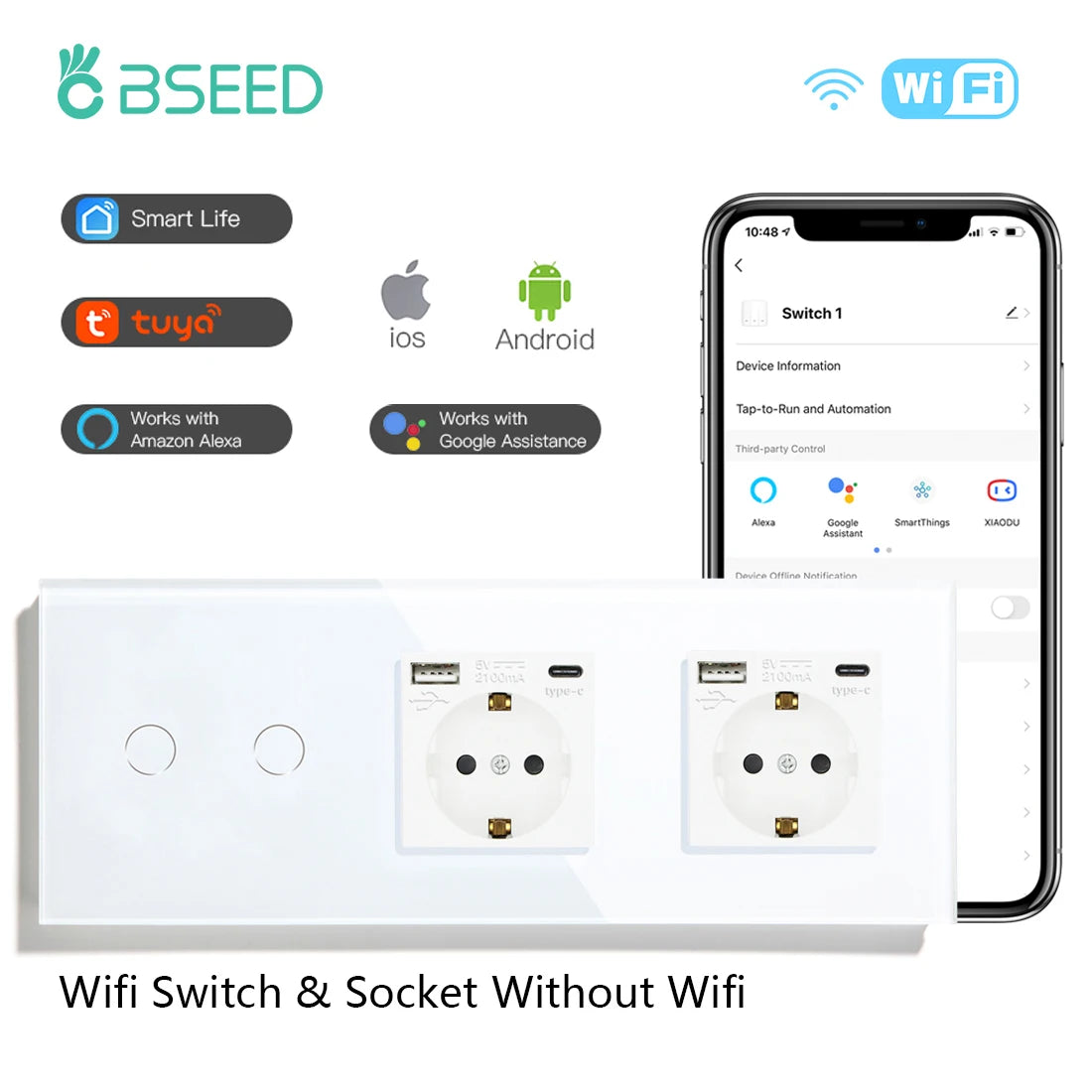 BSEED WiFi Touch Switch — Tomada EU com USB‑C Tuya Smart Life