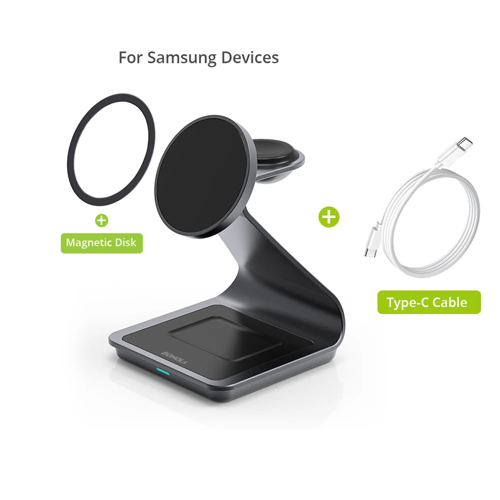Bonola 3‑in‑1 Magnetic Wireless Charger — 25W Stand p/ Samsung & Watch