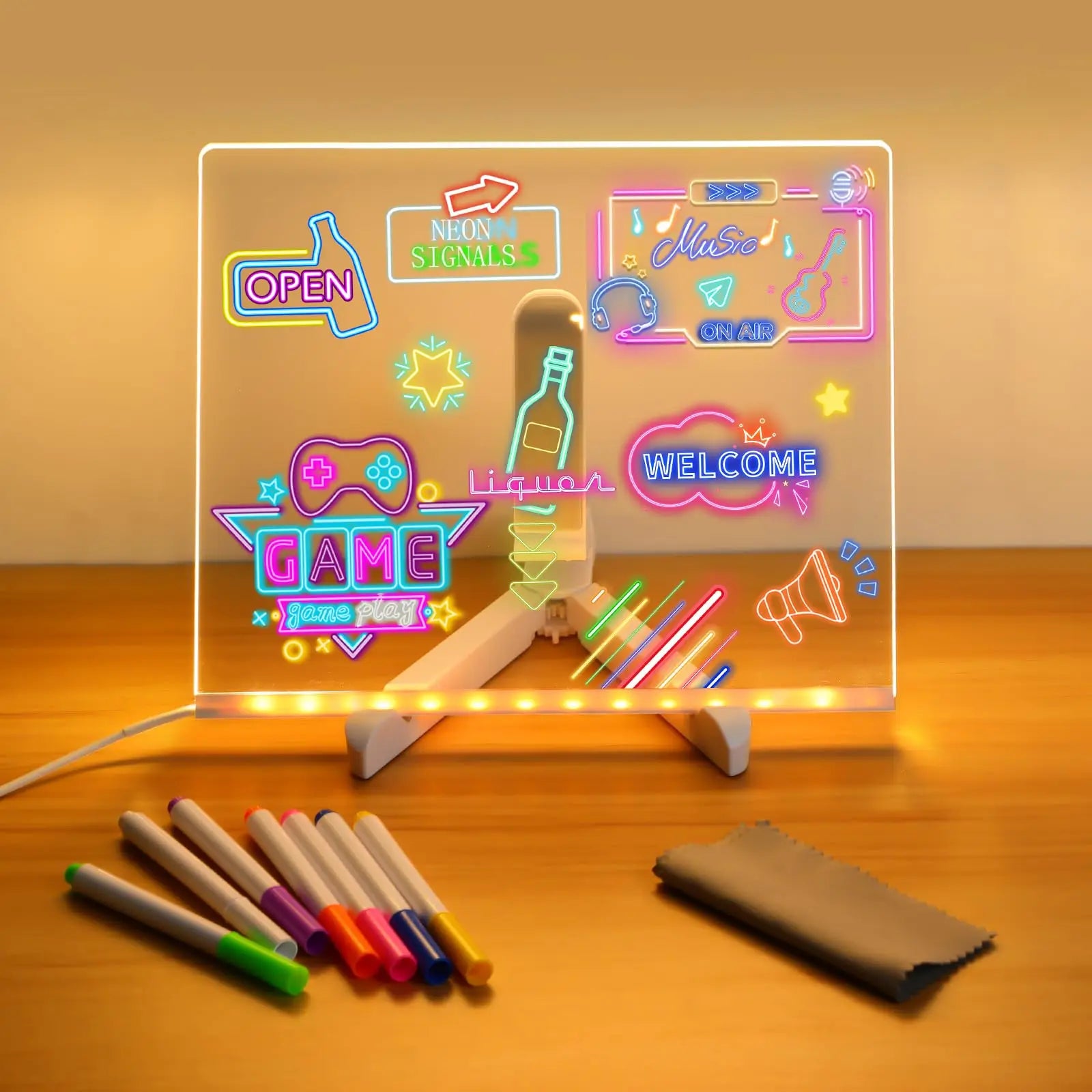 LED Note Board With Night Light Colorful 7 Pens DIY Acrylic Message Board Children's Drawing Board For Kids Birthday Gift