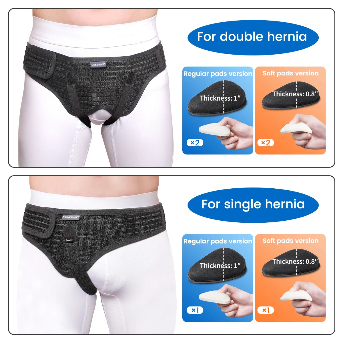 VELPEAU Hernia Belt with 2 compression pads, adjustable Hernia Truss support for single/double inguinal hernias for men and women.