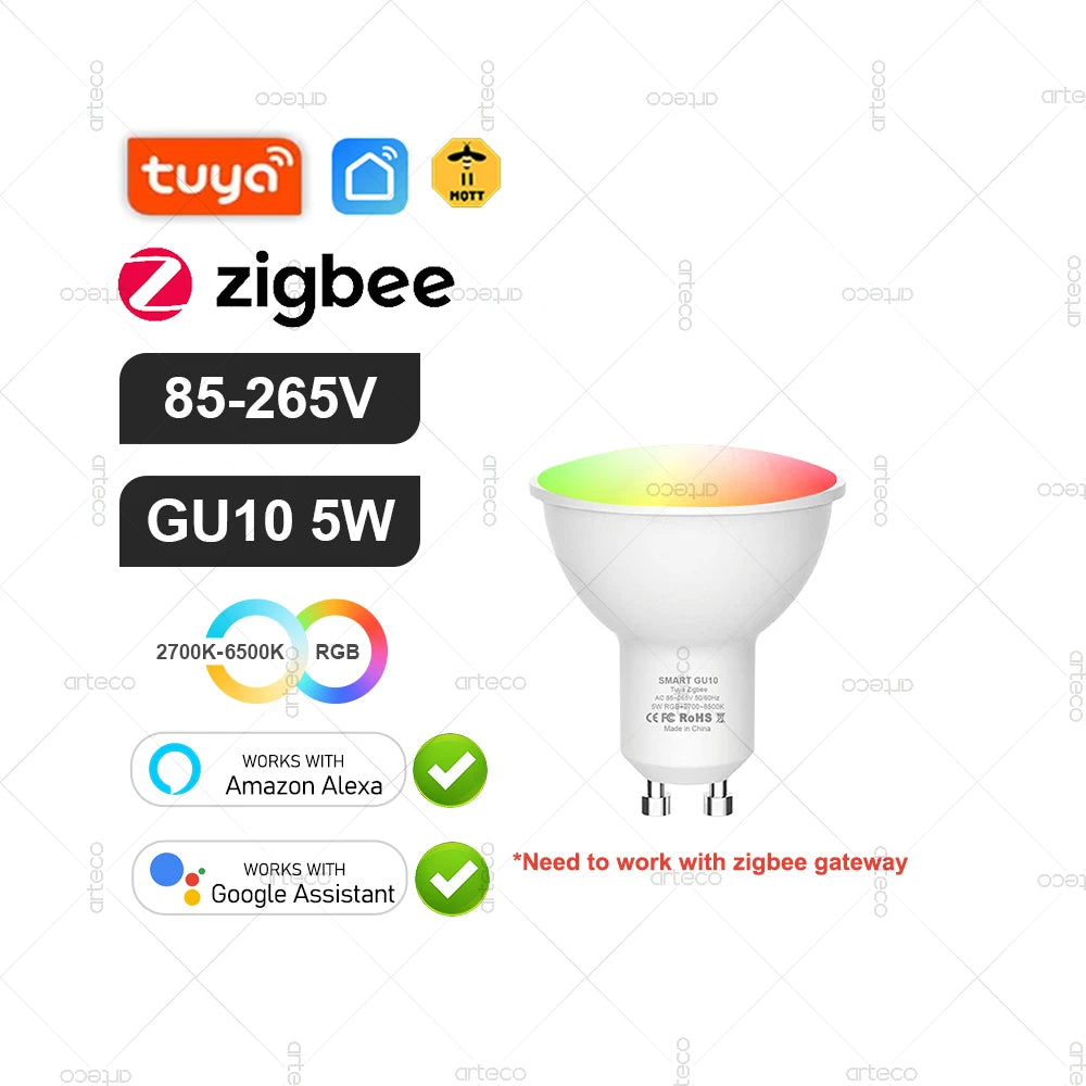 Tuya Smart Bulb Zigbee/WiFi/Bluetooth — E27/E14/GU10 RGBCW Regulável Alexa