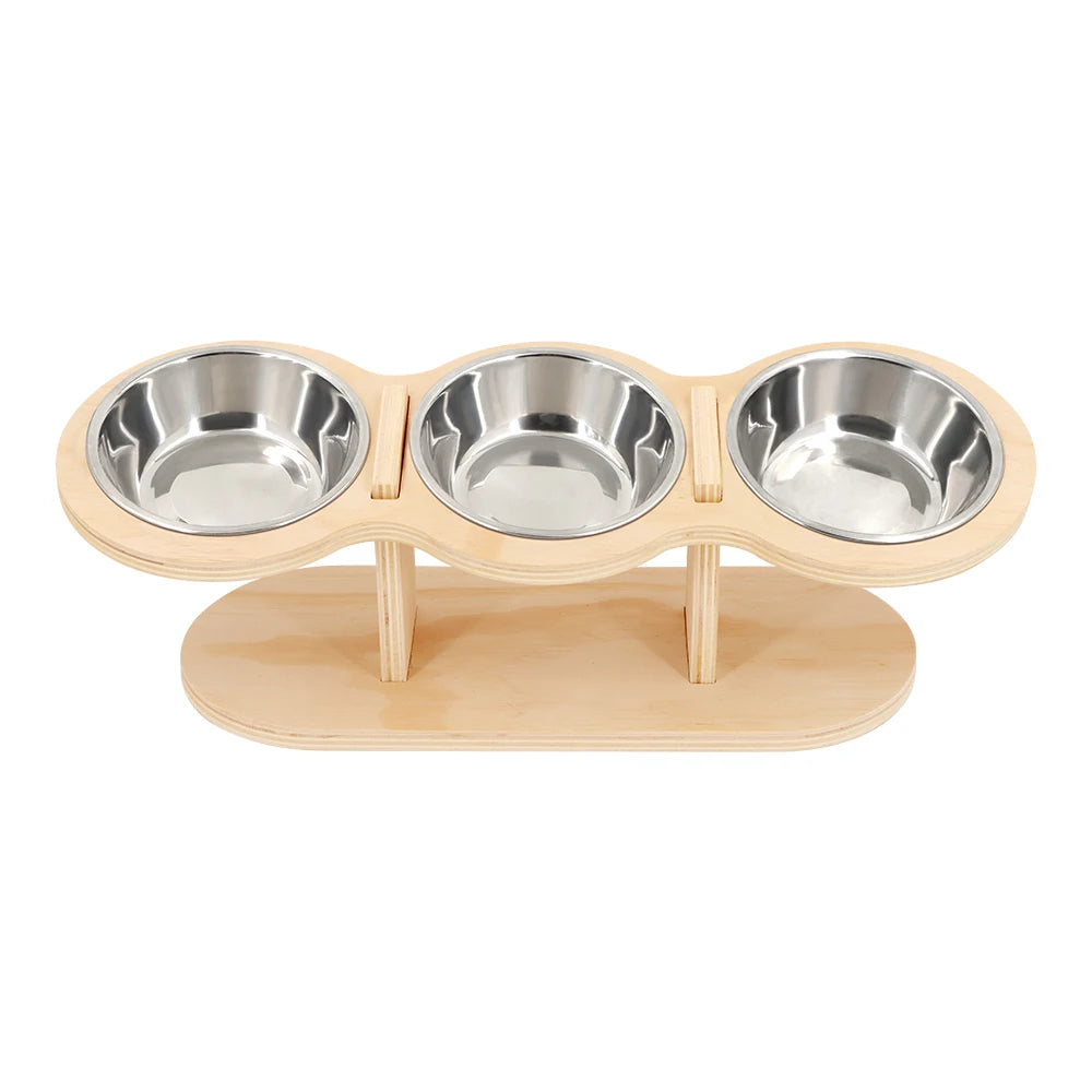 Elevated Cat Bowls Raised Wood Stand Feeder with 3 Stainless Steel Bowls Feeding & Watering Supplies for Puppy Cats Accessories