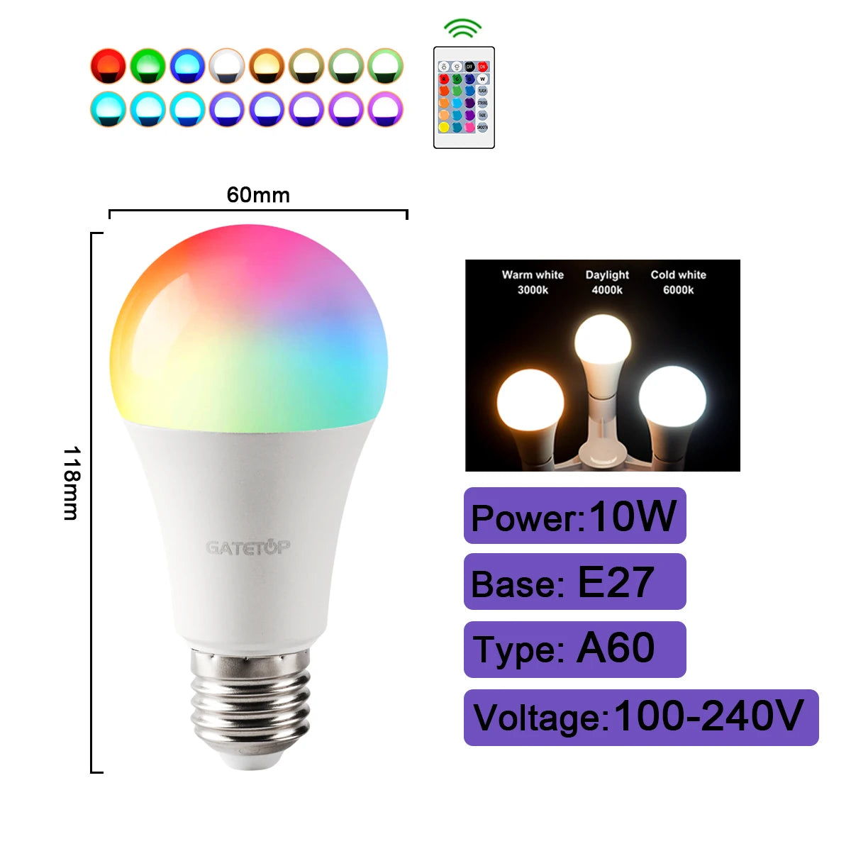 1-10PCS Smart RGBW LED Bulb Spotlight E27 E14 B22 GU10 6W 10W with infrared remote control suitable for colorful home lighting.