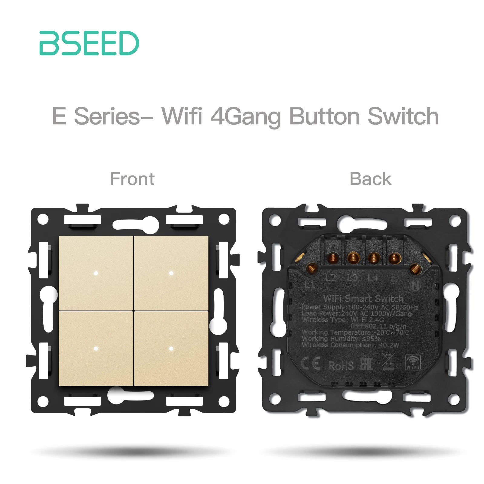 BSEED WiFi Click Switch Module — Moldura Vidro Ouro + Tomadas USB