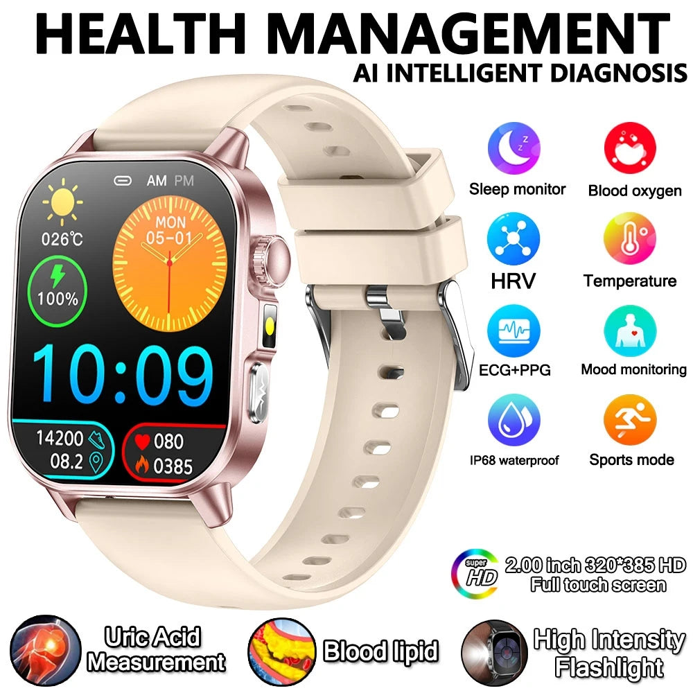 2026 New Model Uric Acid & Lipid Health Analysis Smartwatch Men's ECG+PPG Bluetooth Call 2.01 inch Flashlight Smartwatch Women's