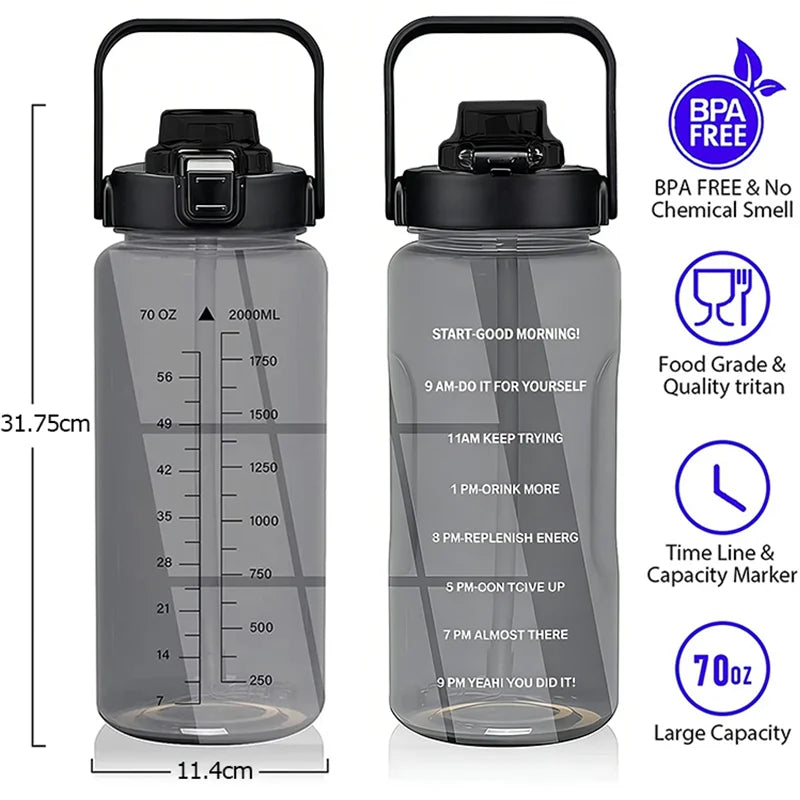 2L 64OZ Half Gallon Water Bottle with Sleeve Motivational Water Bottle with Straw & Time Marker Leakproof Sport Water Jug