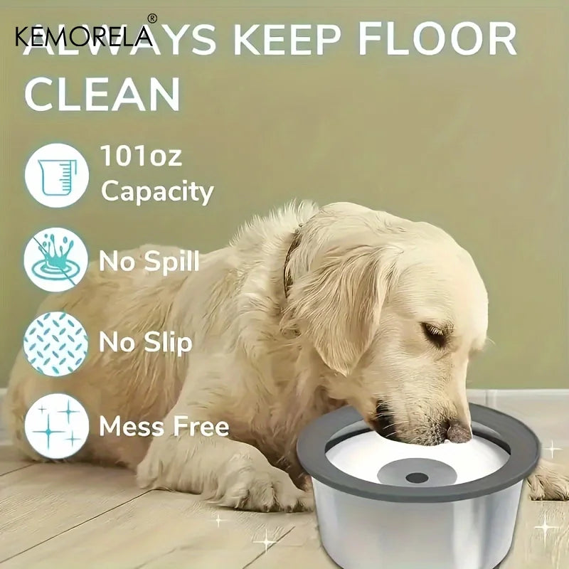 Stainless steel dog water bowl with floating disc design, non-wet mouth anti-tail pet drinking bowl, slow feeder water for dogs.