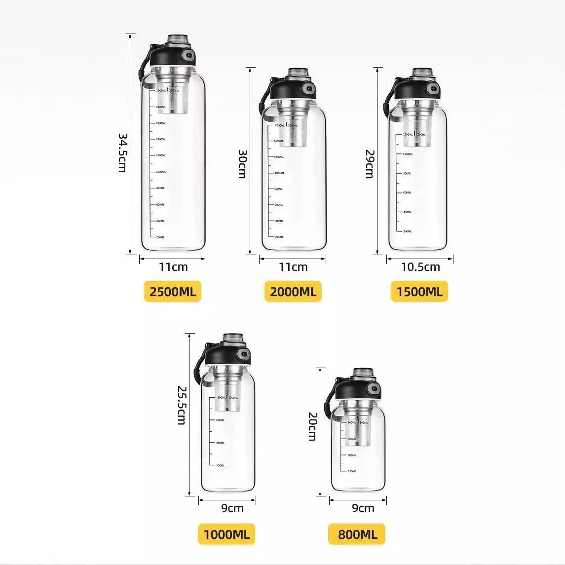 800/2500ml Large Glass Water Bottle with Lock Lid and Direct Drink Spout, Reusable Sports Water Bottle for Gym, Home, and Outdoor Use.