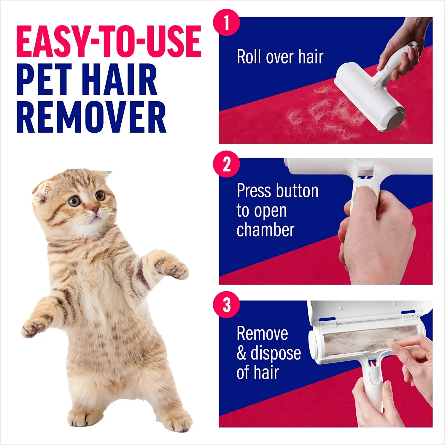 Pet Hair Remover Roller - Dog & Cat Fur Remover with self-cleaning base - Efficient pet hair removal tool - Perfect for furnishings